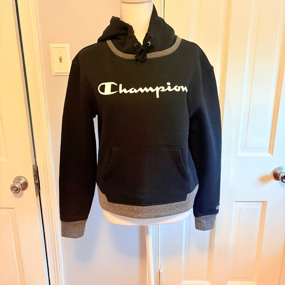 Champion Women Small Hoodie Black Metallic Silver Trim Cropped Logo Sparkly